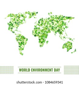 World environment day poster template. Global protection of ecology and environment flat vector illustration. A world map consisting of green leaves
