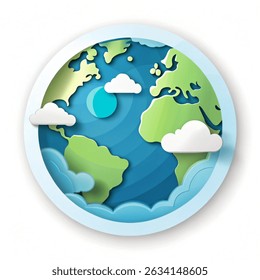 World Environment Day poster template with planet Earth, clouds. Ecology concept. Paper cut out style  illustration on white background. 