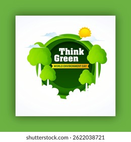 World Environment Day Poster with Thick Green Message Text and Green Landscape Illustration.