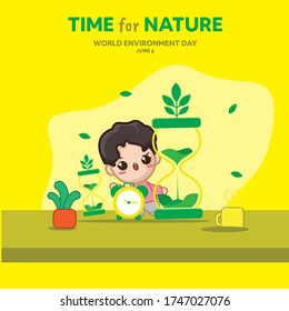 world environment day poster. time for nature. time illustration. World Environment day concept. cute children illustration.