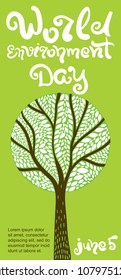 World Environment Day poster. Tree illustration with leaves. World Environment Day and June 5 lettering. Vector