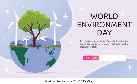 World environment day poster. Tree and windmills at planet Earth globe. Caring for ecology and environment, nature. Sustainable lifestyle. Landing webpage design. Flat vector illustration