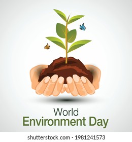 world environment day poster. two hands holding and green plant. vector illustration design.