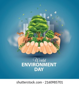 world environment day poster. two hands holding and green plant. vector illustration design.