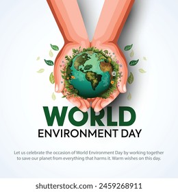 world Environment day
day poster. two hands holding and green plant and globe. abstract vector illustration design.