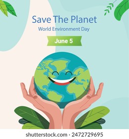 World environment day poster. two hands holding and green plant and globe. Abstract vector illustration design.