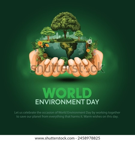 world environment day poster. two hands holding and green plant and globe. abstract vector illustration design.