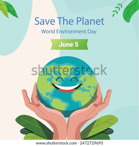 World environment day poster. two hands holding and green plant and globe. Abstract vector illustration design.