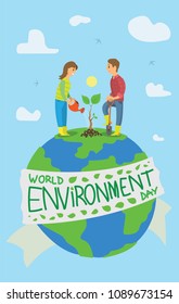 World Environment Day poster. A young man and a girl are planting a tree. Vector illustration of a stylized earth planet. Birds and clouds on the background.