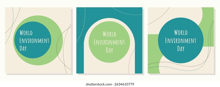 World Environment Day posters, brochure, flyer templates. Eco organic line abstract shape drawing, boho style hand drawn design, simple wallpaper