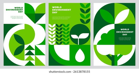 World environment day posters with geometric pattern. Vector modular ecology background with abstract mosaic shapes in shade of green with natural elements symbolize sustainability and ecological vibe