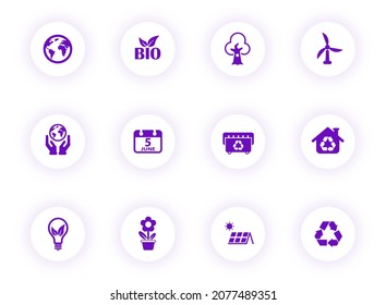 iconos vectoriales color púrpura del día del entorno mundial en botones redondos claros con sombra púrpura. conjunto de iconos del día mundial del medio ambiente para web, aplicaciones móviles, diseño de ui e impresión