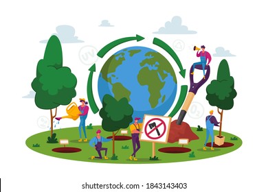 World Environment Day, Reforestation, Characters Planting Seedlings and Growing Trees into Soil Working in Garden, Save World, Earth Day, Nature and Ecology Concept. Cartoon People Vector Illustration