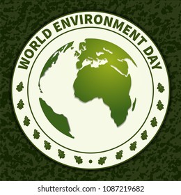 World Environment Day. Rubber seal, seal with globe and tree leaves. Ecology. for the design of postcards, posters and printing. Vector illustration.