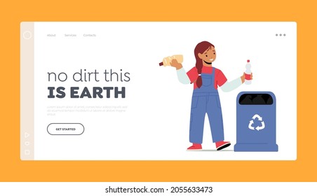 World Environment Day, Save Earth Planet Concept for Landing Page Template. Little Girl Throw Plastic Trash into Recycling Litter Bin. Child Character Nature Cleanup. Cartoon Vector Illustration