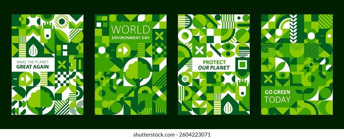World environment day and Save Nature posters with green geometric shapes, vector backgrounds. World Environment Day posters with eco quotes Go Green and Protect Planet with ecology geometric shapes