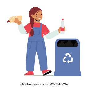 World Environment Day, Save Plane Concept. Little Girl Throw Plastic Trash into Recycling Litter Bin Isolated on White Background. Child Character Nature Cleanup. Cartoon Vector Illustration, Clip Art