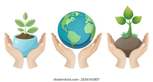 World environment day. Set of eco concepts. 3D Earth in palms, hands hold soil with plant. vector illustration on white background.