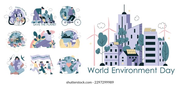 World Environment Day set. Global campaign on the importance of sustainable development. Earth ecosystem and climate preservation and protection. Flat vector illustration