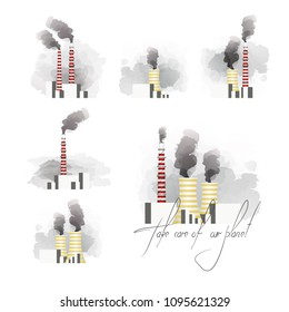 World environment day. A set of images of factories. Lettering-take care of our planet. The pipes of the plant produce smoke. The factory pollutes nature.