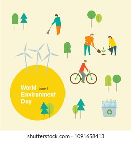 World Environment Day - set of vector icon illustrations. People sweeping, planting tree,  watering tree; icons of plastic recycling, windmills and trees.