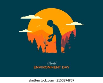 World environment day silhouette vector and sun, cloud, forest landscape background. boy planting a tree and celebrating environment day. 