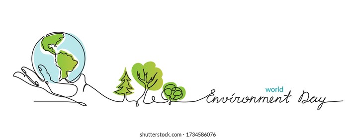 World environment day simple vector web banner, poster with earth and trees. One continuous line drawing. Minimalist banner, illustration with lettering environment day. - Shutterstock ID 1734586076