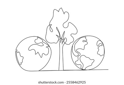 World environment day simple vector web banner, poster with earth and trees. One continuous line drawing. Minimalist banner, illustration with lettering environment day.