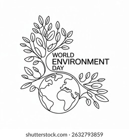 World environment day simple vector web banner, poster with earth and trees. One continuous line drawing. Minimalist banner, illustration with lettering environment day. Vector illustration.