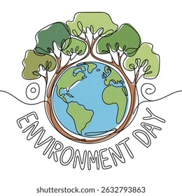 World environment day simple vector web banner, poster with earth and trees. One continuous line drawing. Minimalist banner, illustration with lettering environment day. Vector illustration.