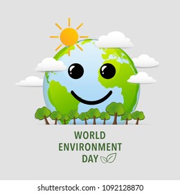 World environment day with world smile face, happiness of green natural city, Ecology friendly concept, vector illustration