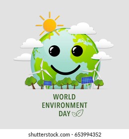 World environment day with world smile face, happiness of green natural city, Ecology friendly concept, vector illustration