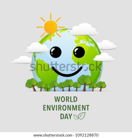 World environment day with world smile face, happiness of green natural city, Ecology friendly concept, vector illustration