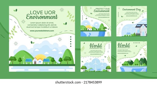 World Environment Day Social Media Post Template Flat Cartoon Background Vector Illustration