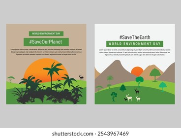 World Environment Day.  social media post for World Environment Day campaign , two hands holding and green plant and globe. abstract vector illustration design.