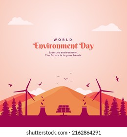 World Environment Day with Solar Panel, Wind Power Plant, Mountains, and Birds Vector Illustration