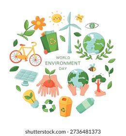 World Environment Day square poster, banner, print, card with doodles of environmental protection, sustainability, recycling, and global ecological awareness. Good for planners, stickers, clipart, stationery, etc. EPS 10