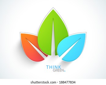 World Environment Day sticker, tag or label design in shape of leaves in orange, green and blue color and text Think Green on grey background. 