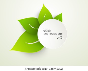 World Environment Day sticker, tag or label with beautiful green leaves and stylish text on abstract background. 