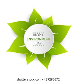 World Environment Day sticker, tag or label with green leaves and stylish text on abstract background. 