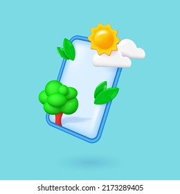 World environment day. Summer landscape with 3d details on mobile phone screen. Sun, clouds, green tree and falling leaves