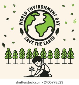 World Environment Day a Sustainable Future - Vector Flat Illustration , Taking care of Earth by planting trees  and Earth Conservation. Minimalist Design for Posters, Backgrounds, or Patterns, banner 