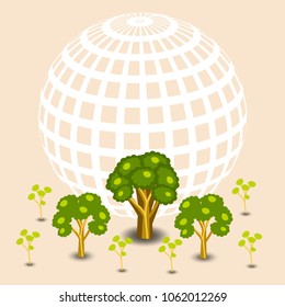 World Environment Day. Symbolic image of the Earth. Trees of different ages. Peach background