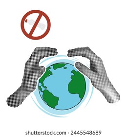 World Environment Day Template. Modern collage with halftone hands protecting planet earth. No more plastic. Earth Day.