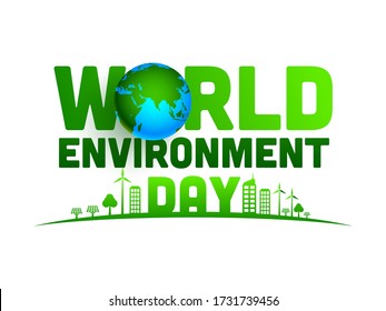 World Environment Day Text with 3d Earth Globe and Green City on White Background.