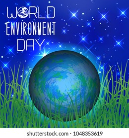 World Environment Day. Text with the name of the holiday. Planet Earth. Lying in the grass against the background of the night sky