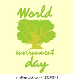 World environment day text on the background with tree, typography, green tree with green text on the light yellow background