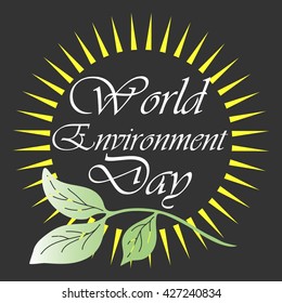 World Environment Day text on a black background with green leaves in the sun, vector typography.