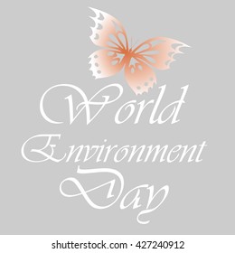 World Environment Day text on a gray background with butterfly, vector typography.