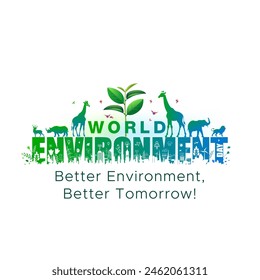 World Environment Day text with tree plant, eco futuristic clean green skyline background and wild animal Vector illustration.